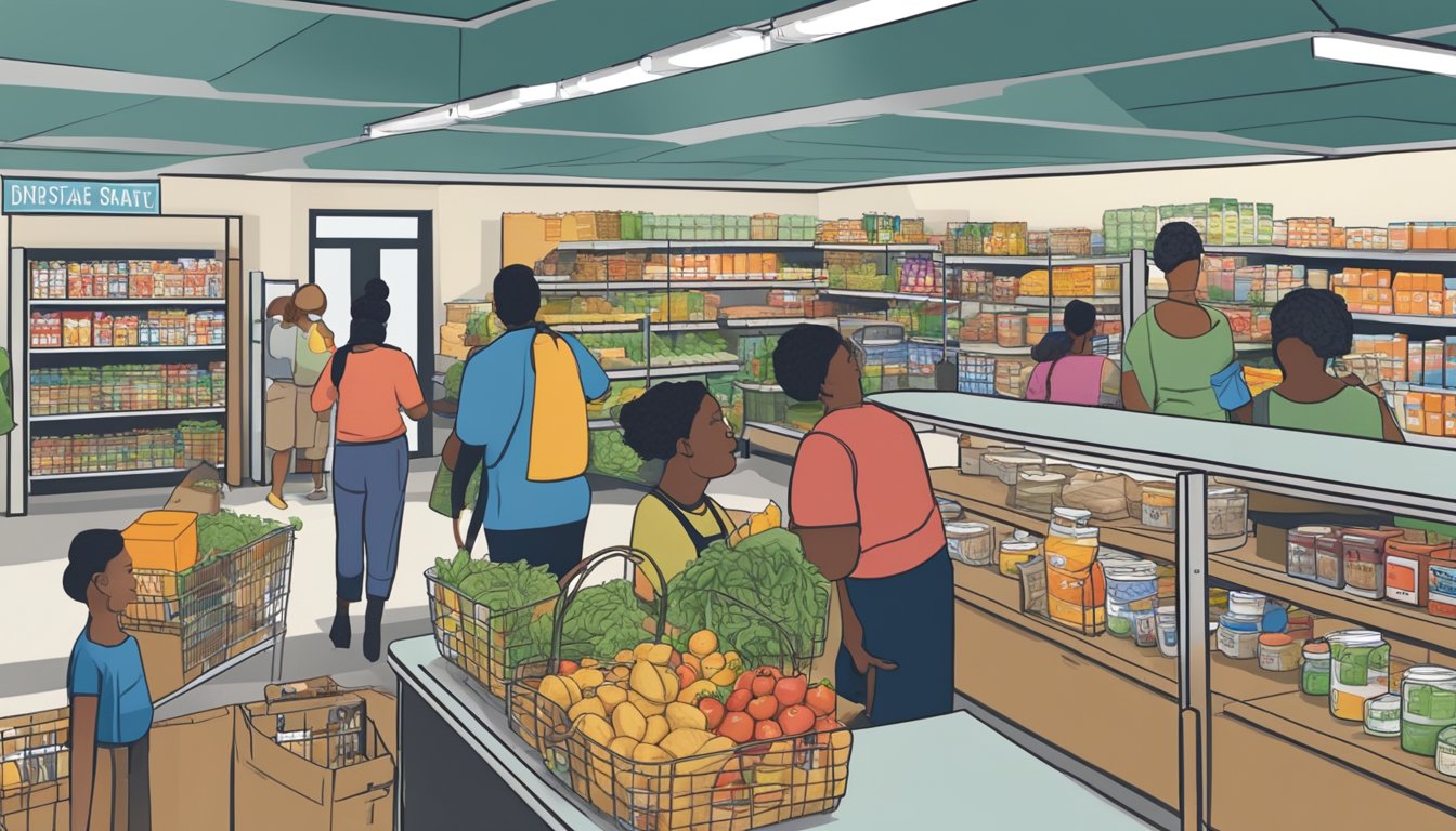 A bustling food pantry in Montgomery County, Texas, with a diverse group of people accessing free groceries