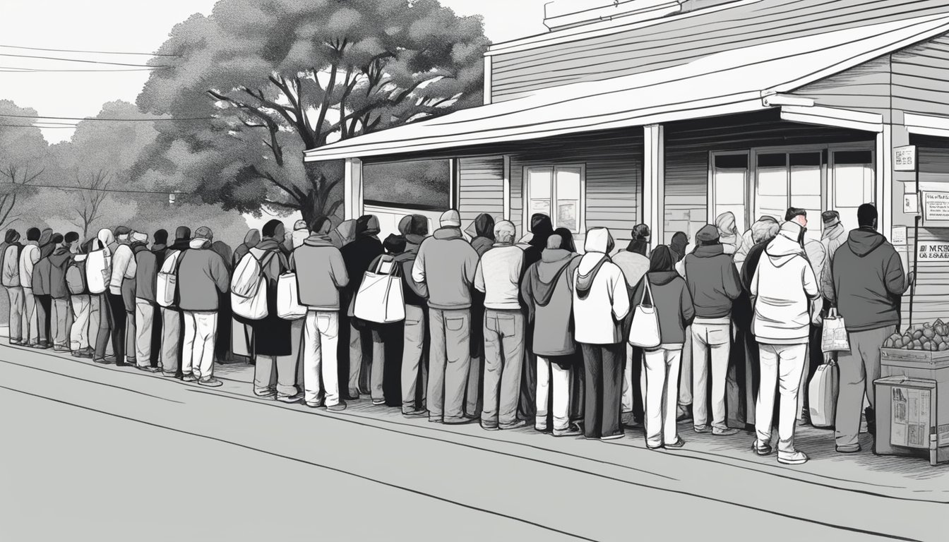 A line of people waits outside a food pantry in Montgomery County, Texas. Volunteers hand out bags of groceries to those in need