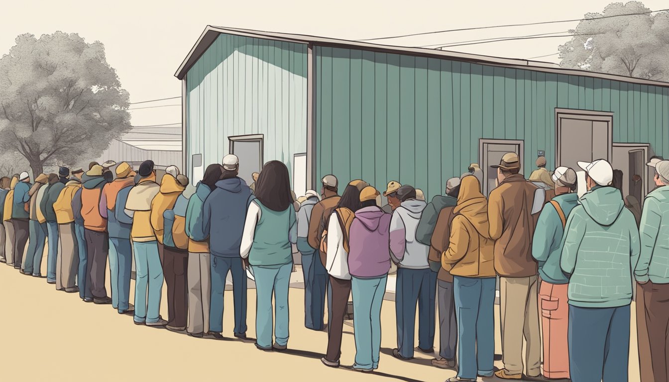 A line of people waits outside a food pantry in Nolan County, Texas, as volunteers distribute free groceries to those in need