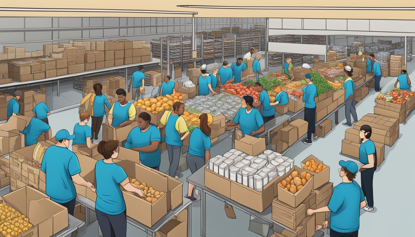 A bustling food distribution center with volunteers and staff working together to organize and distribute free groceries and food to those in need in Montgomery County, Texas