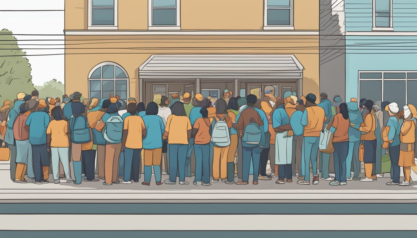 A line of people wait outside a food pantry in Montgomery County, Texas. Volunteers distribute free groceries to those in need