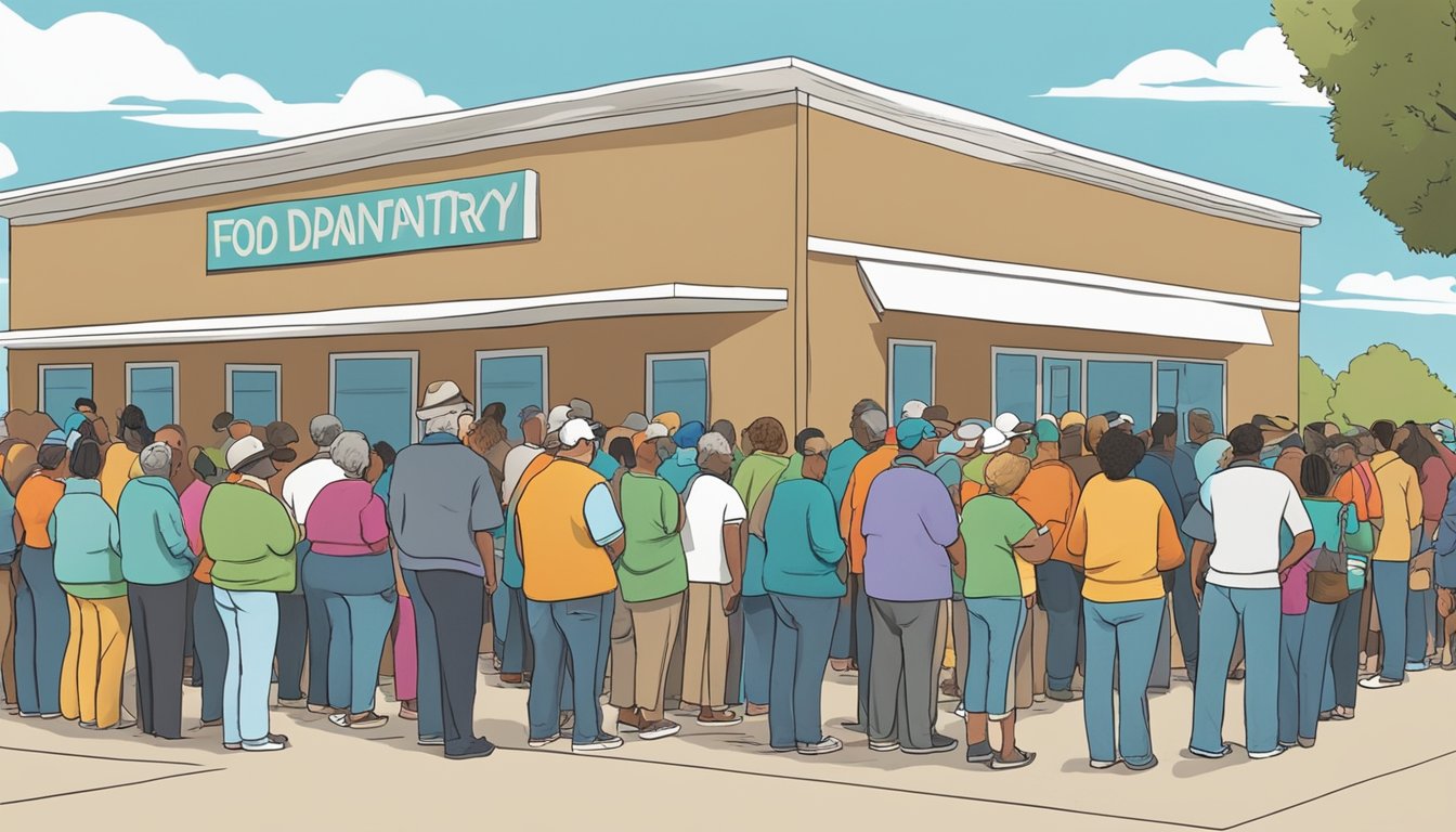 A line of people waiting outside a food pantry in Nolan County, Texas, with volunteers handing out groceries and food assistance