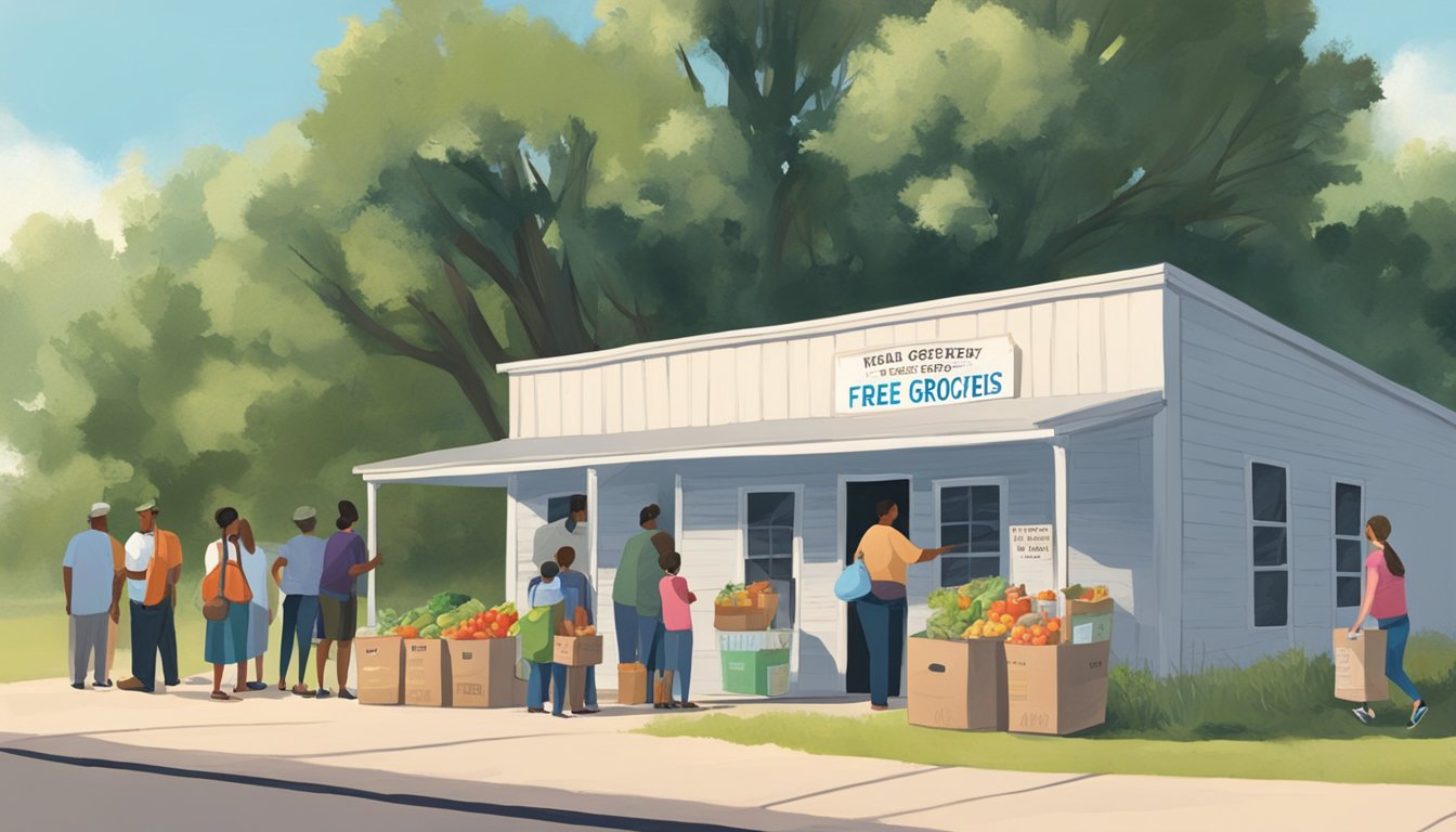 A line of people waits outside a small building with a sign reading "Free Groceries and Food Pantry" in Nolan County, Texas. Tables are set up with boxes of fresh produce and canned goods