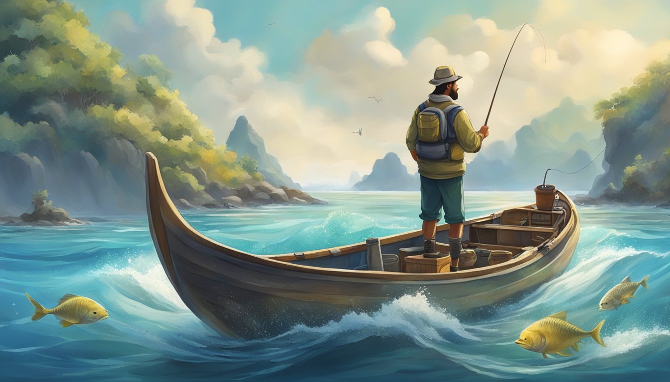 A fisherman in a small boat, catching uhu with a traditional fishing method, surrounded by pristine ocean and a variety of marine life