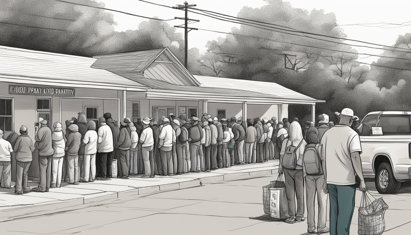 A line of people waits outside a food pantry in Nolan County, Texas. Volunteers hand out bags of groceries to those in need