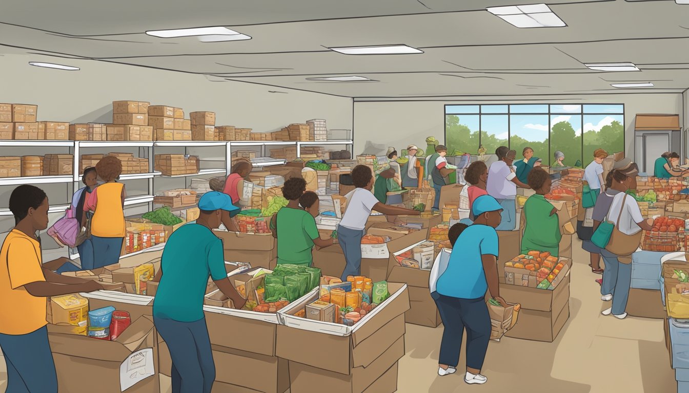 A bustling food pantry in Nolan County, Texas, with volunteers distributing free groceries and meal programs to those in need