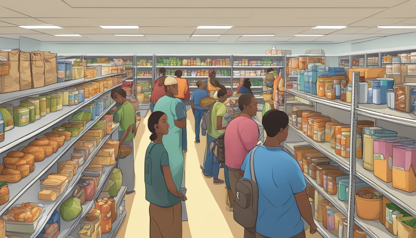 A bustling food pantry filled with shelves of free groceries and a line of people in need