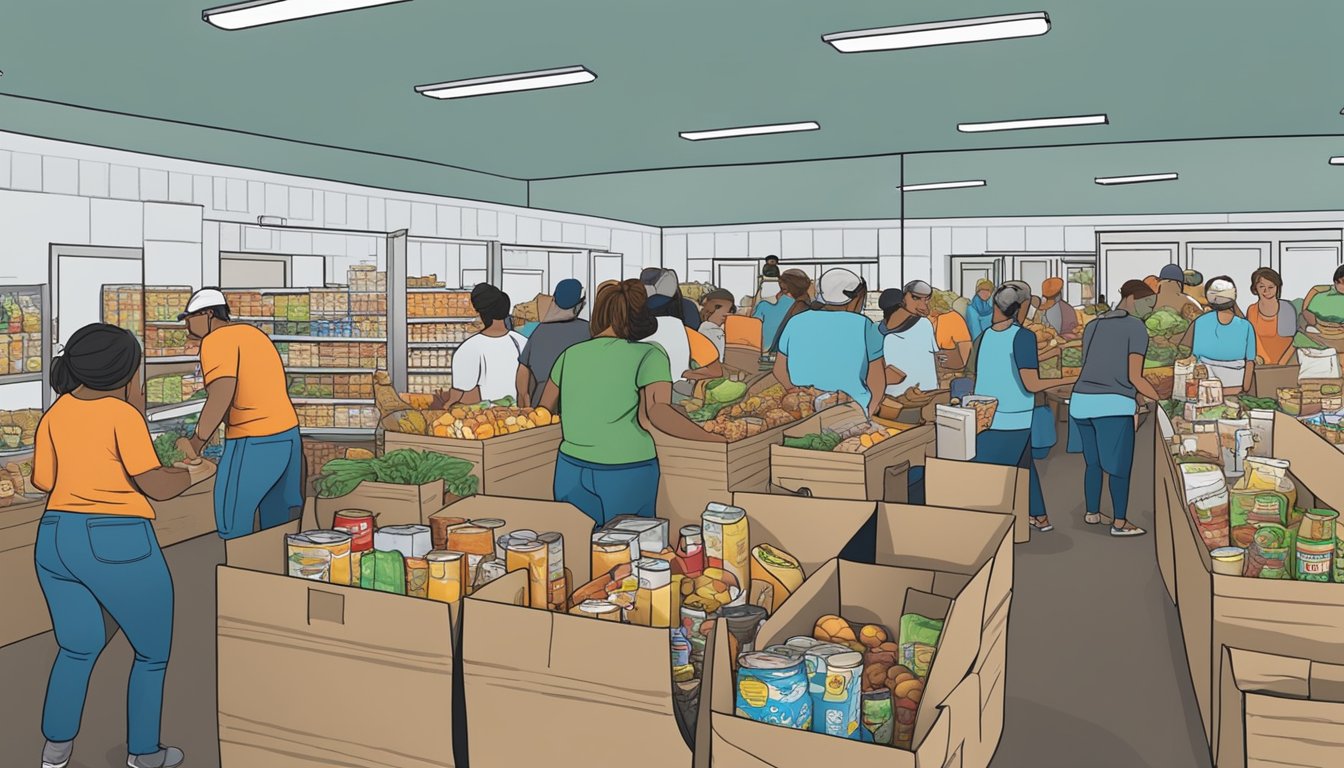 A bustling food pantry in Nolan County, Texas, with volunteers distributing free groceries to those in need