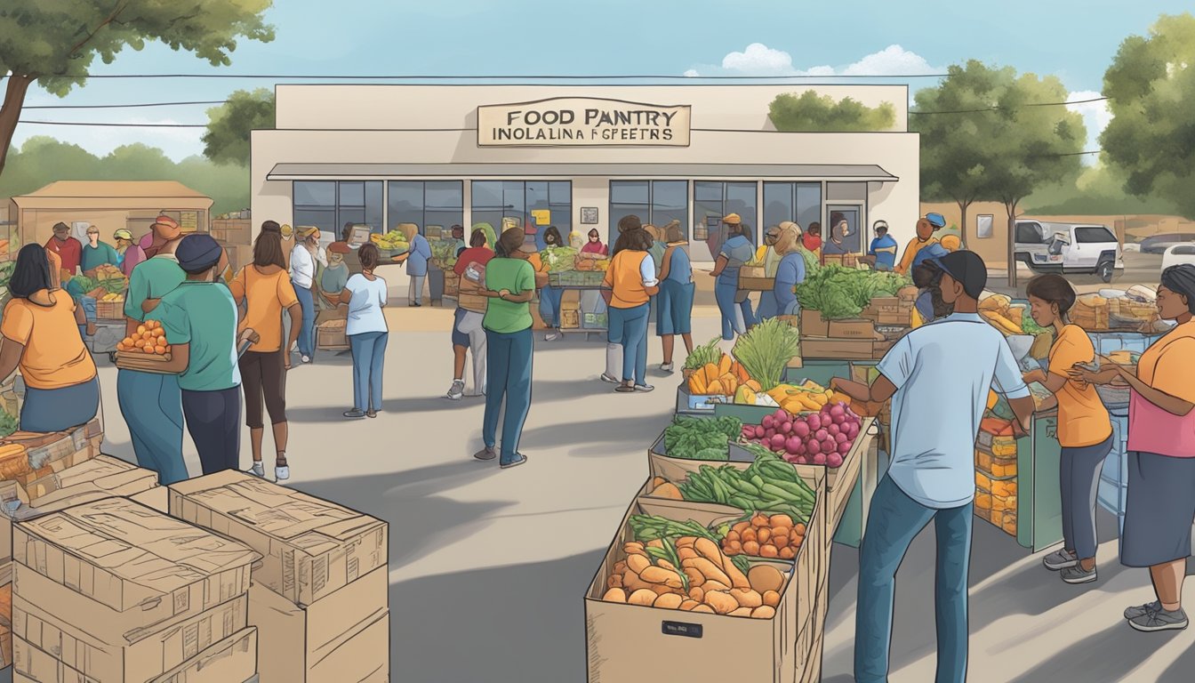 A bustling food pantry in Nolan County, Texas, with volunteers distributing free groceries to those in need