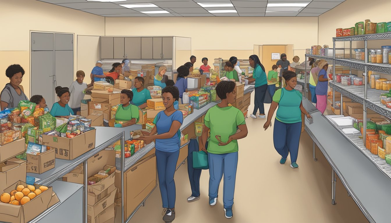 A bustling food pantry in Motley County, Texas, with volunteers distributing free groceries to those in need