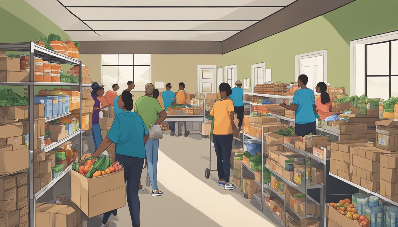 A bustling food pantry in Oldham County, Texas, with volunteers distributing free groceries to those in need