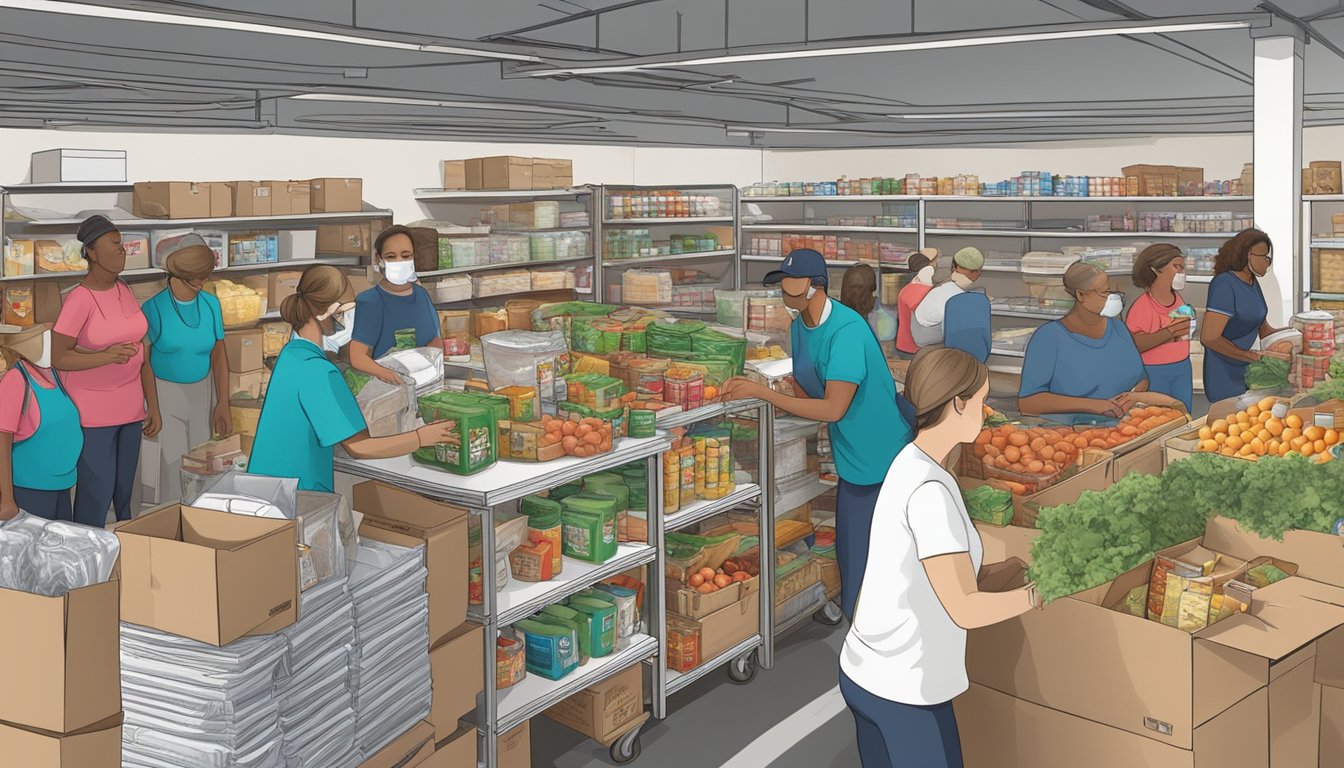 A bustling food pantry in Motley County, Texas, with volunteers distributing free groceries to those in need