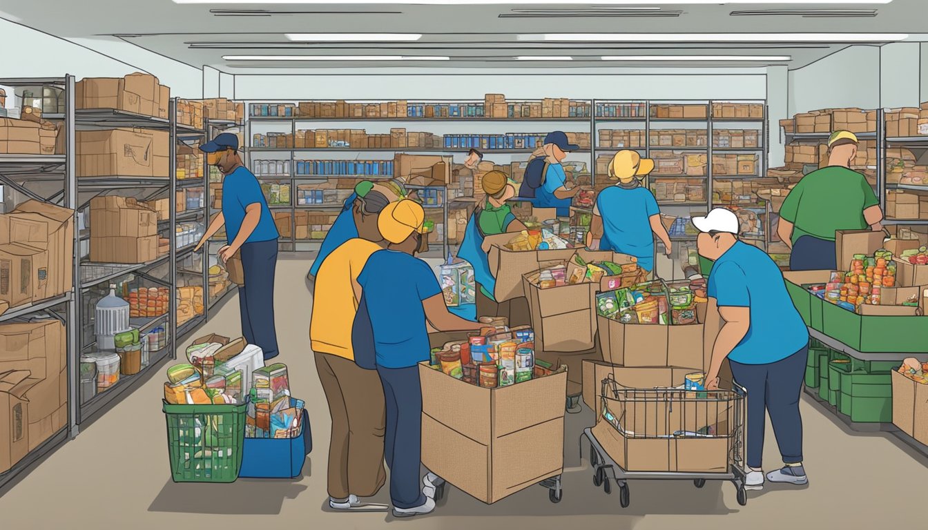 A bustling food pantry in Oldham County, Texas, with volunteers distributing groceries to those in need