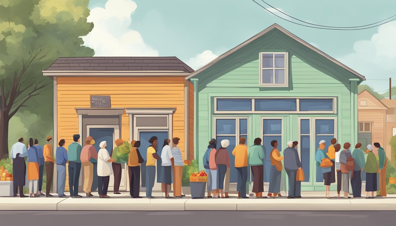 People lining up outside a small food pantry in a rural town, waiting for free groceries and emergency food assistance