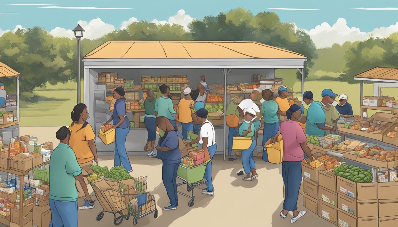 A bustling food pantry in rural Texas, with volunteers distributing free groceries to those in need