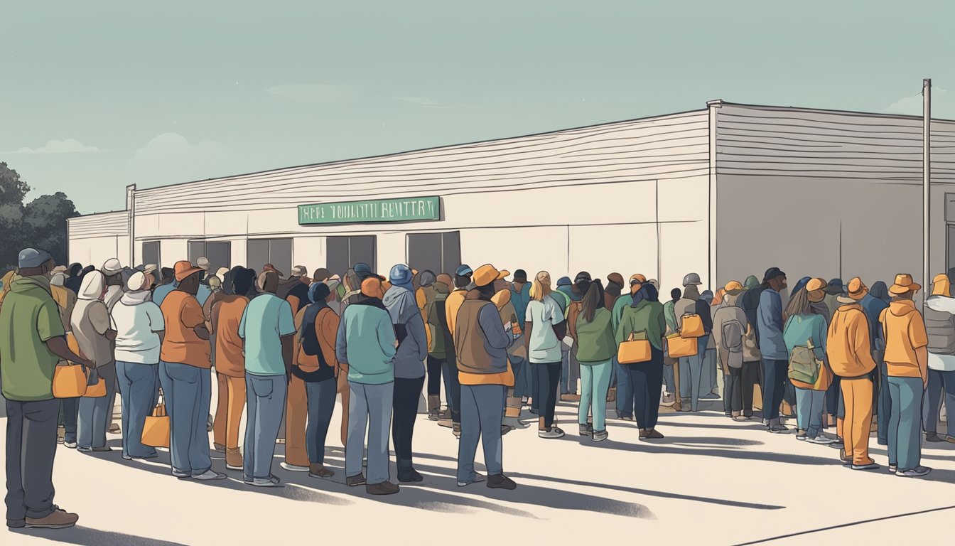 A line of people wait outside a food distribution center in Motley County, Texas. Volunteers hand out free groceries and food pantry items to those in need