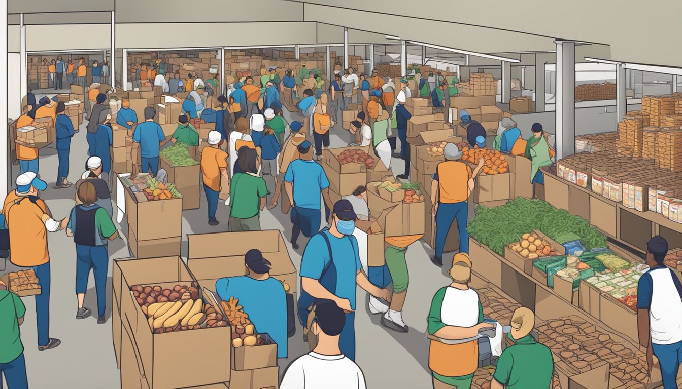 A bustling food distribution center in Oldham County, Texas, with volunteers handing out free groceries and pantry items to those in need