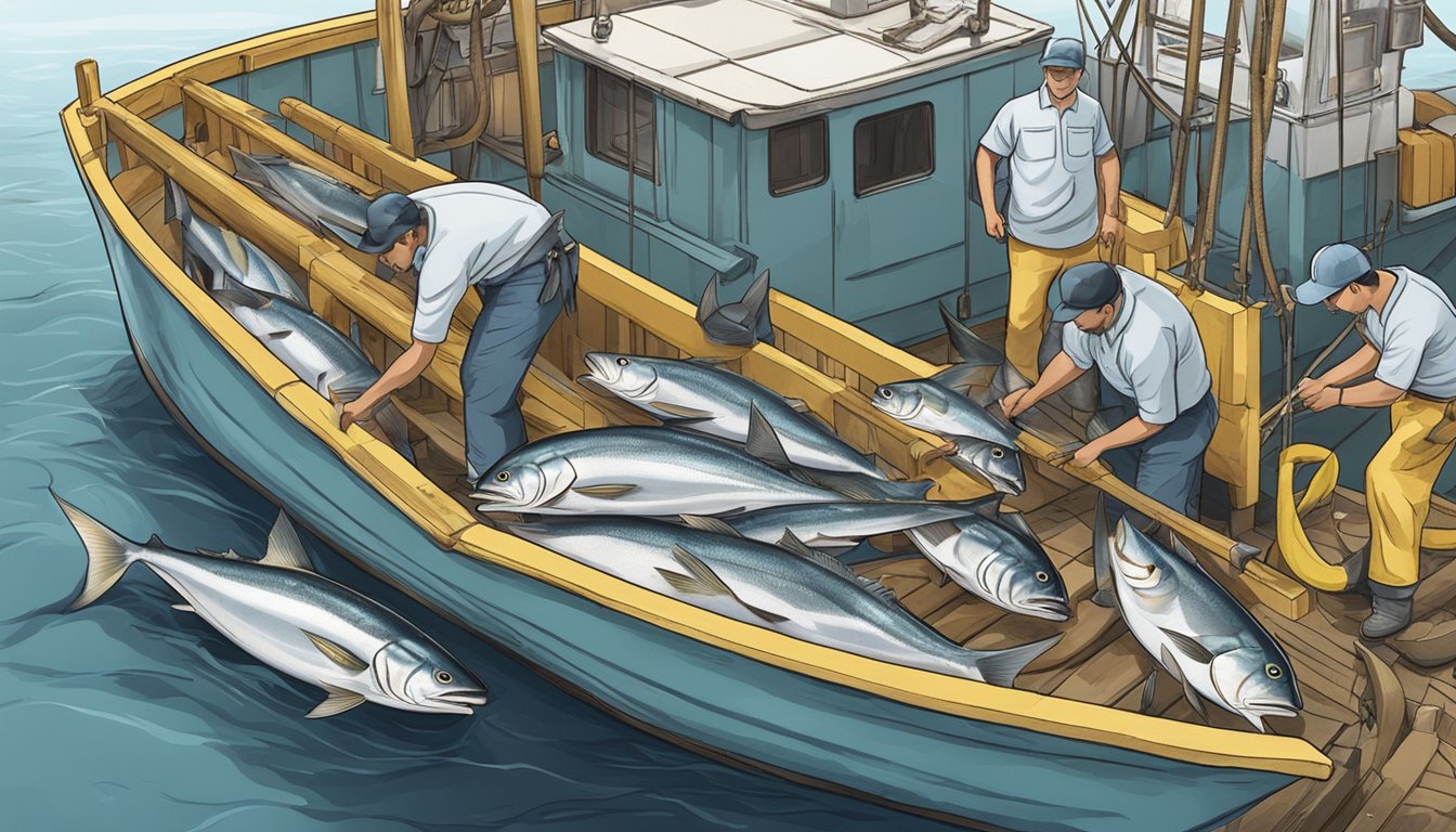 A fishing boat hauling in a net full of yellowtail amberjack, with workers sorting and preparing the fish for processing