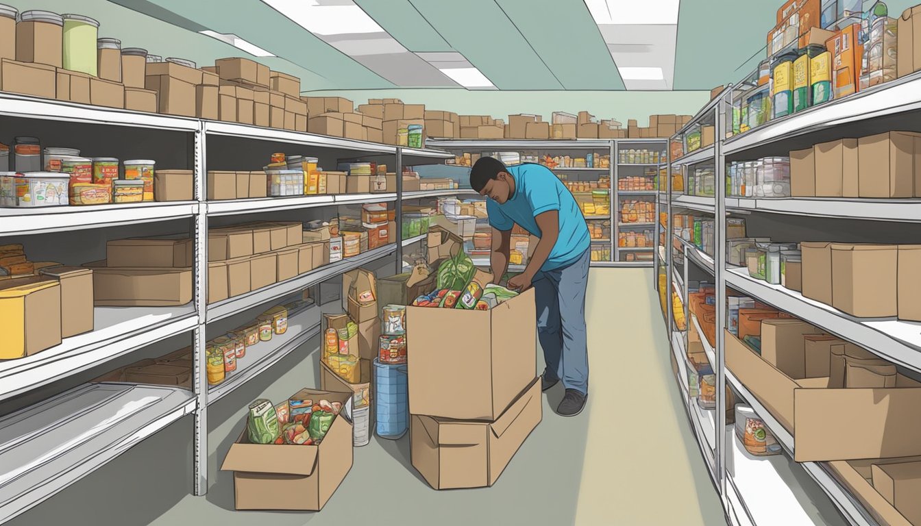 A bustling food pantry in Motley County, Texas, with volunteers distributing free groceries to those in need