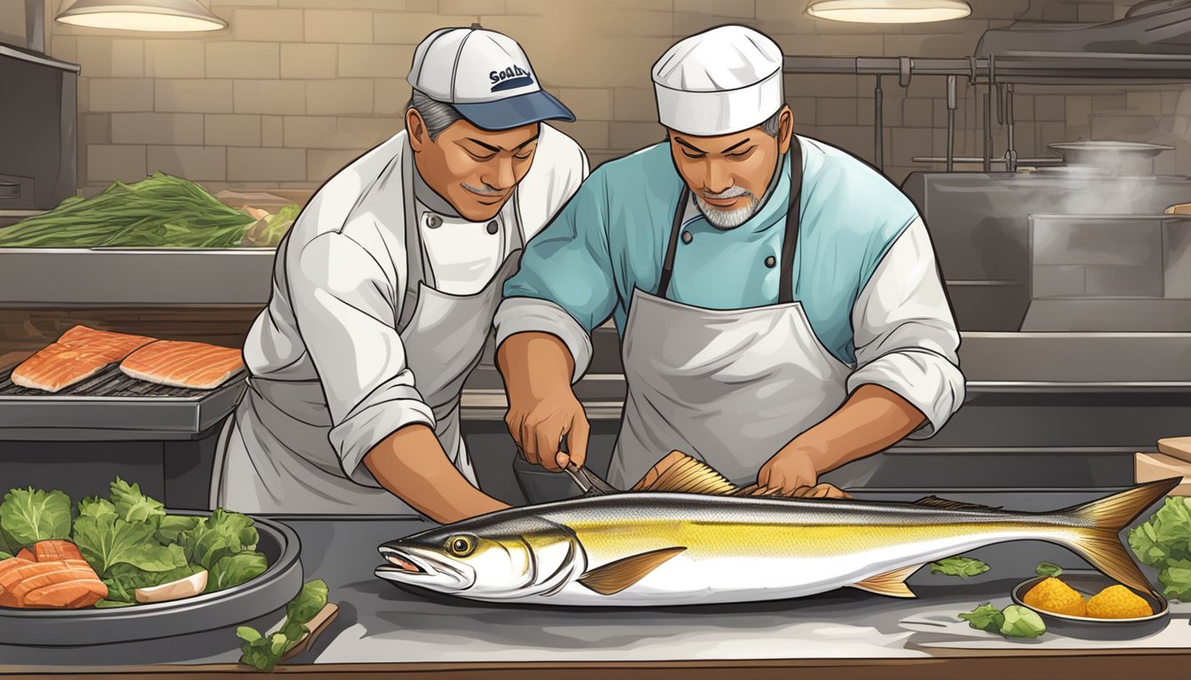 A yellowtail amberjack being caught and prepared for cooking, with a chef seasoning the fish and placing it on a grill