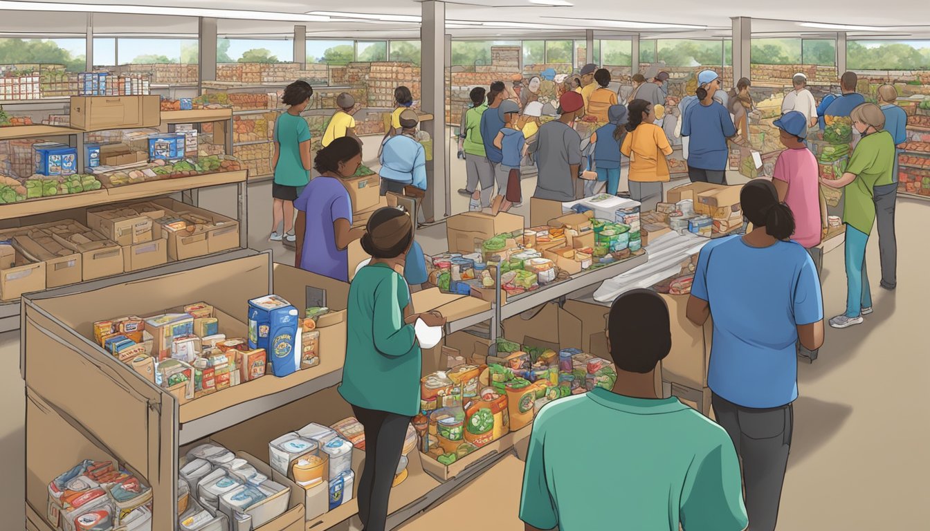 A bustling food pantry in Oldham County, Texas, with volunteers assisting and families receiving free groceries