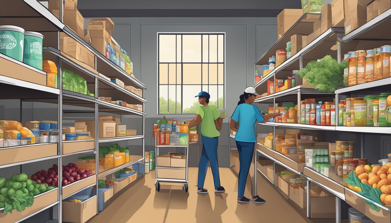 A bustling food pantry in Motley County, Texas, with shelves stocked full of free groceries and volunteers providing nutritional support and education to those in need