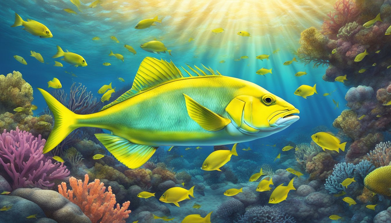 A yellowtail snapper swimming among coral, catching and eating smaller fish in a vibrant reef ecosystem