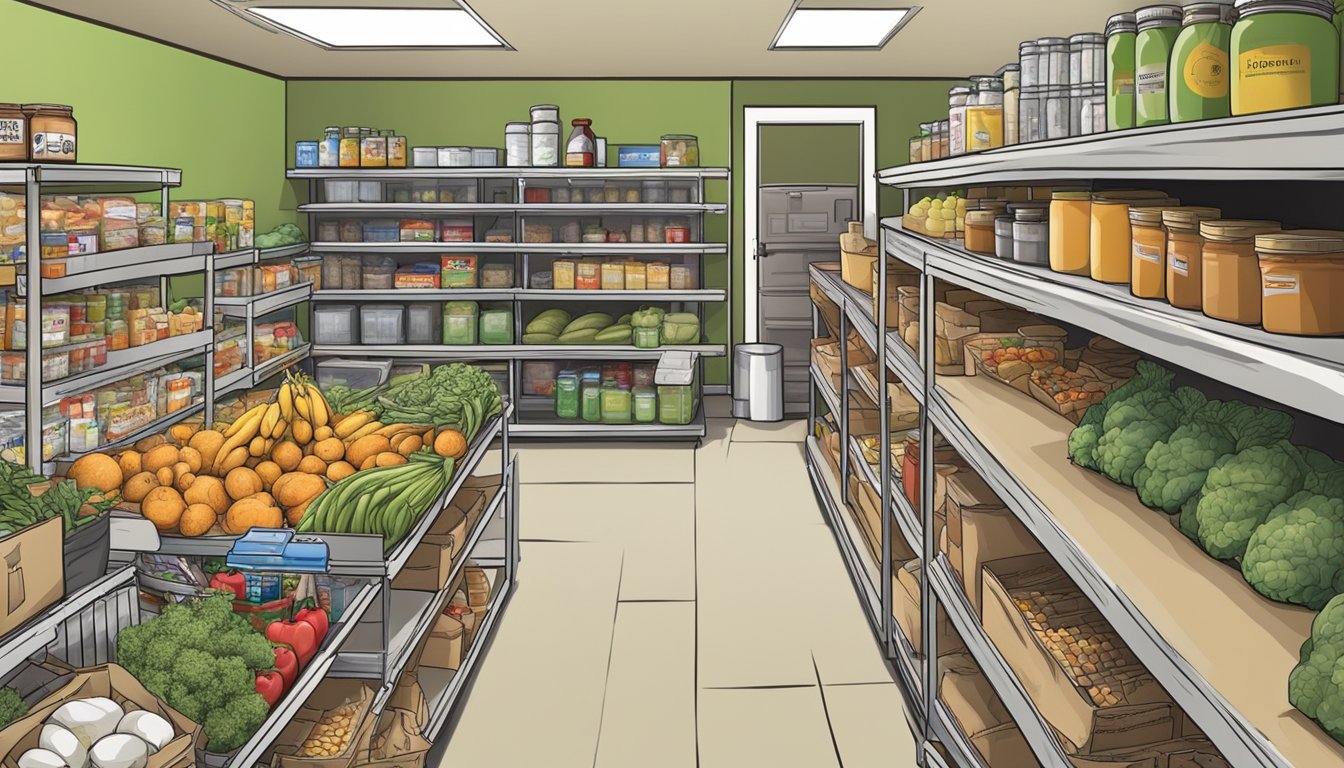 A bustling food pantry in Motley County, Texas, filled with a variety of grocery items and fresh produce for those in need