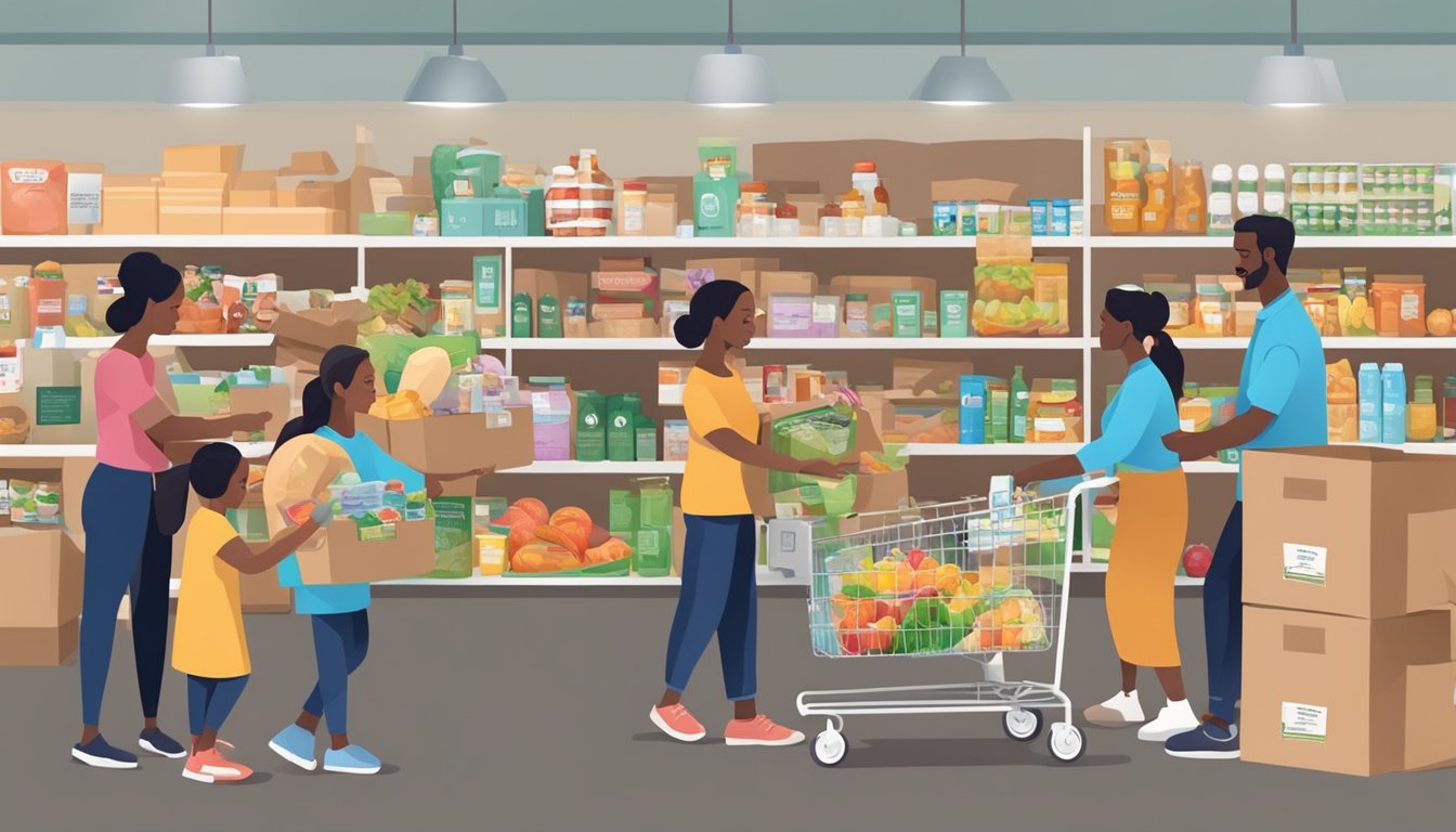 A bustling food pantry with volunteers distributing groceries to families in need, while educational materials on nutrition awareness are displayed nearby