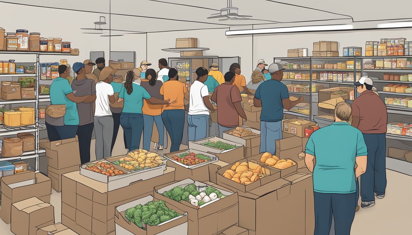 A bustling food pantry in Motley County, Texas, with volunteers distributing free groceries to those in need