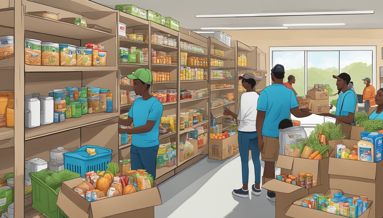 A bustling food pantry in Motley County, Texas, with volunteers distributing free groceries to those in need