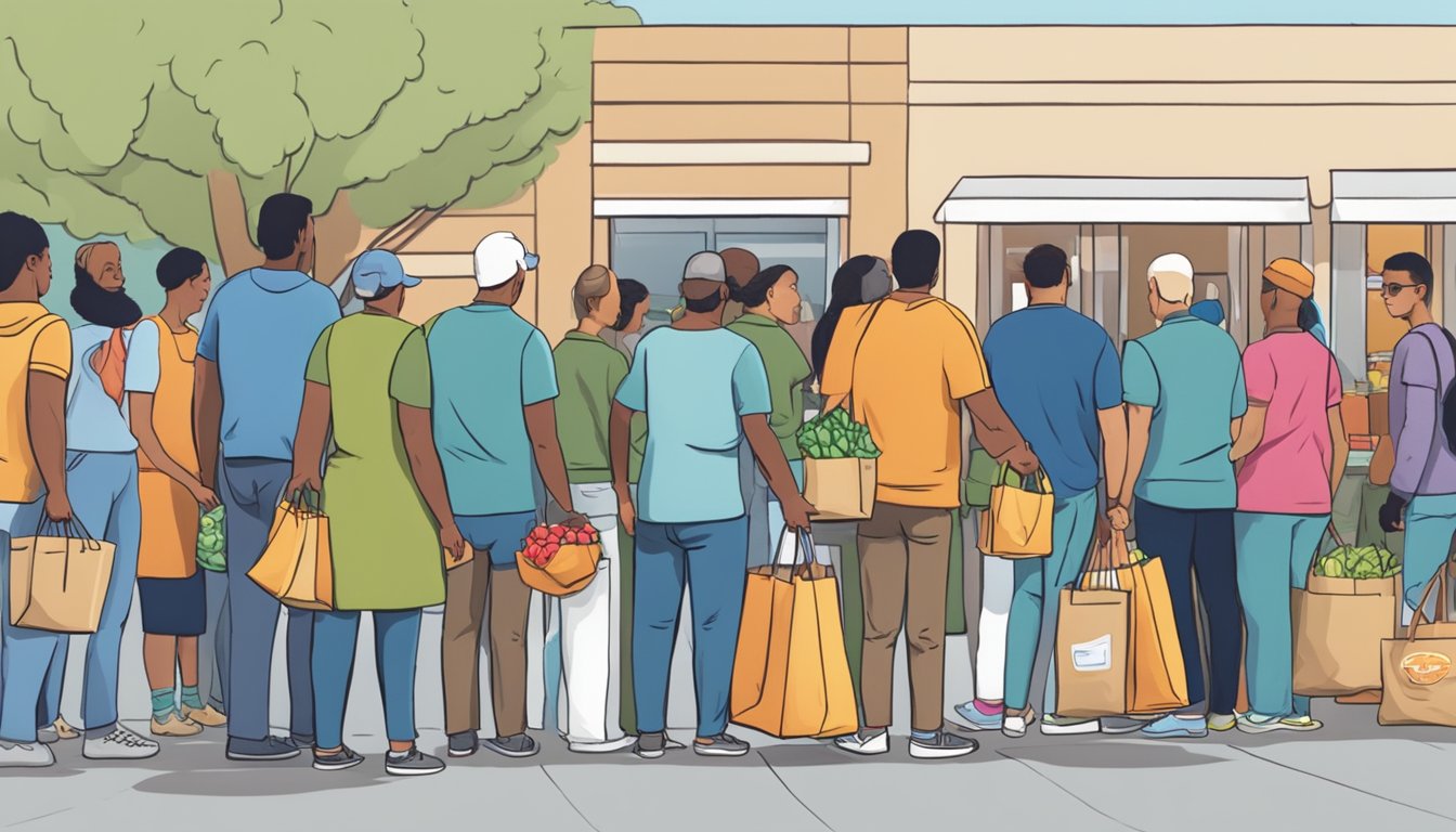 A line of people waiting outside a food pantry, with volunteers handing out bags of groceries