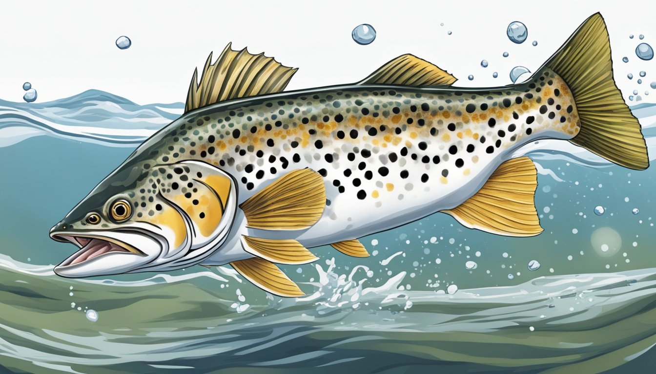 A spotted seatrout leaping out of the water to catch a smaller fish in its mouth