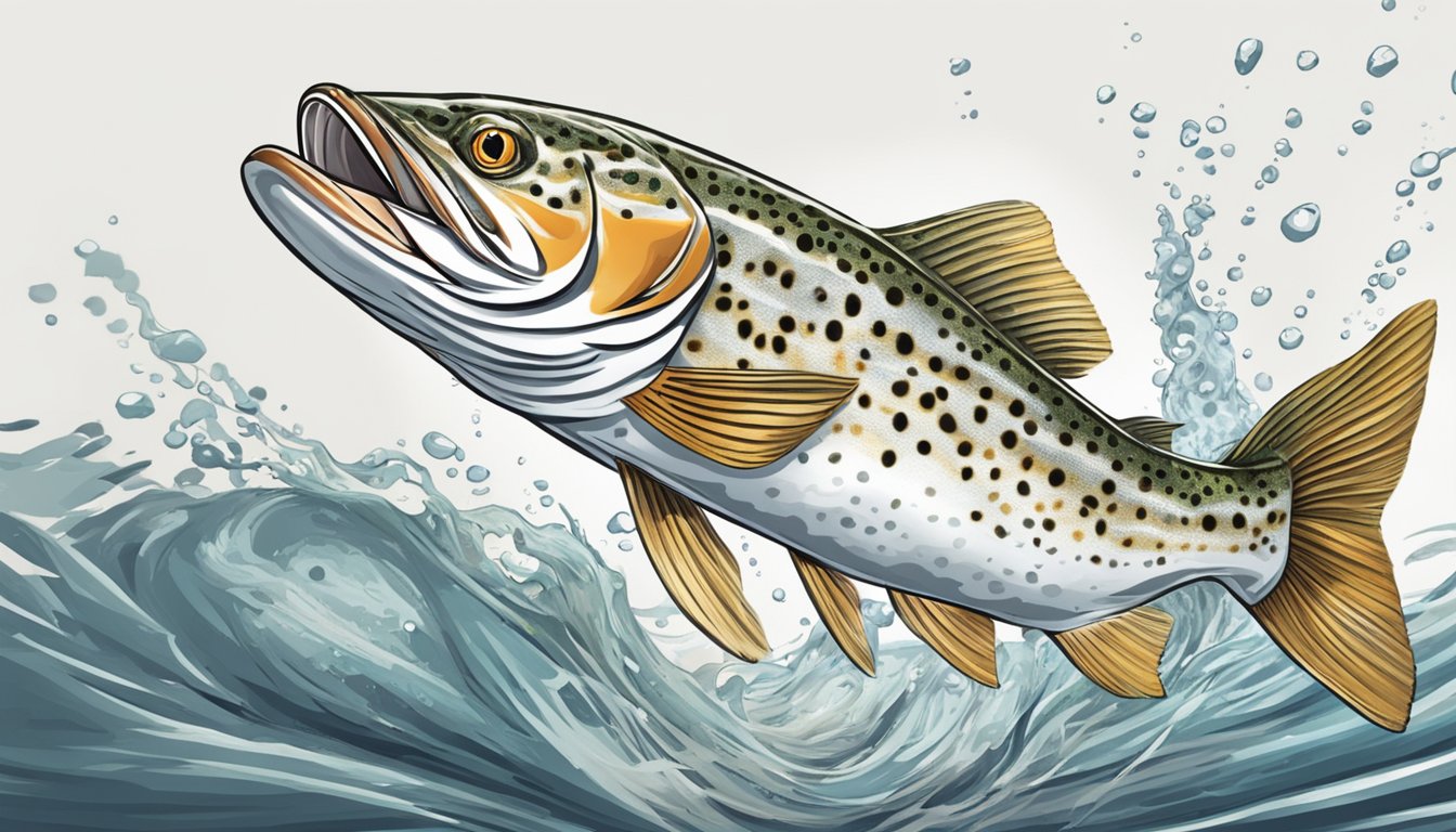 A spotted seatrout leaps out of the water, mouth wide open, catching a smaller fish in its sharp teeth