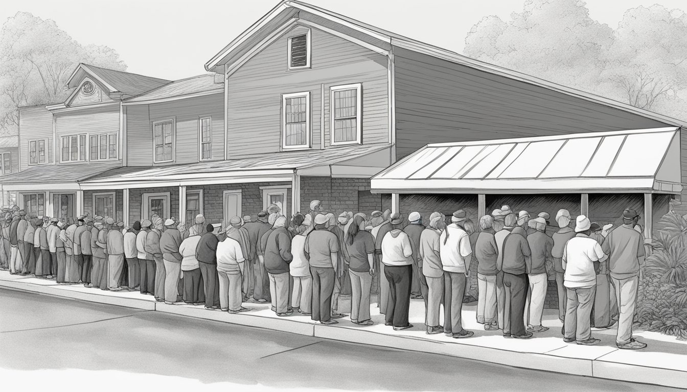 A line of people wait outside a food pantry in Lee County, Texas, as volunteers distribute free groceries to those in need