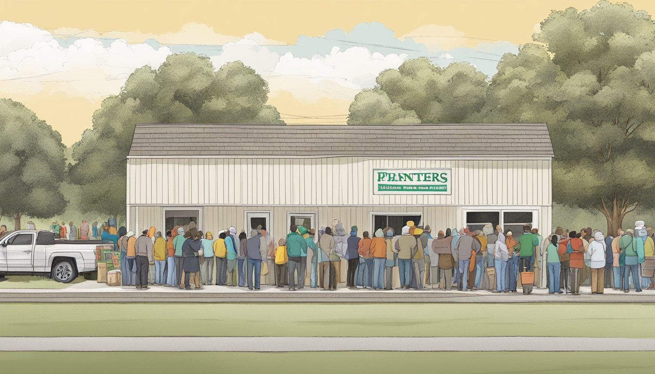 A line of people waits outside a small food pantry in Newton County, Texas. Volunteers hand out free groceries to those in need