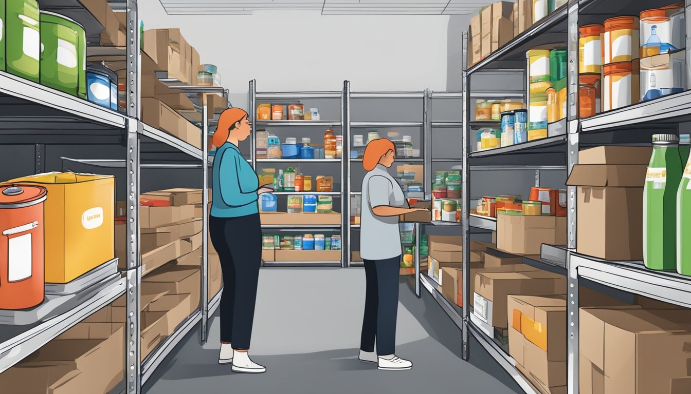 A bustling food pantry with shelves stocked full of canned goods, fresh produce, and other essential groceries. Volunteers are busy organizing and distributing food to those in need