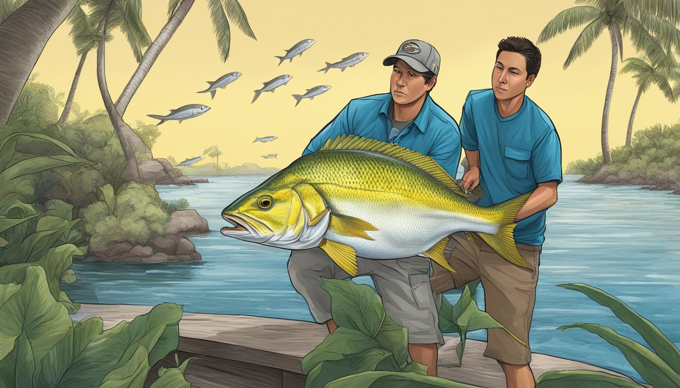 A yellowtail snapper being caught and eaten by a conservationist in a legislative setting