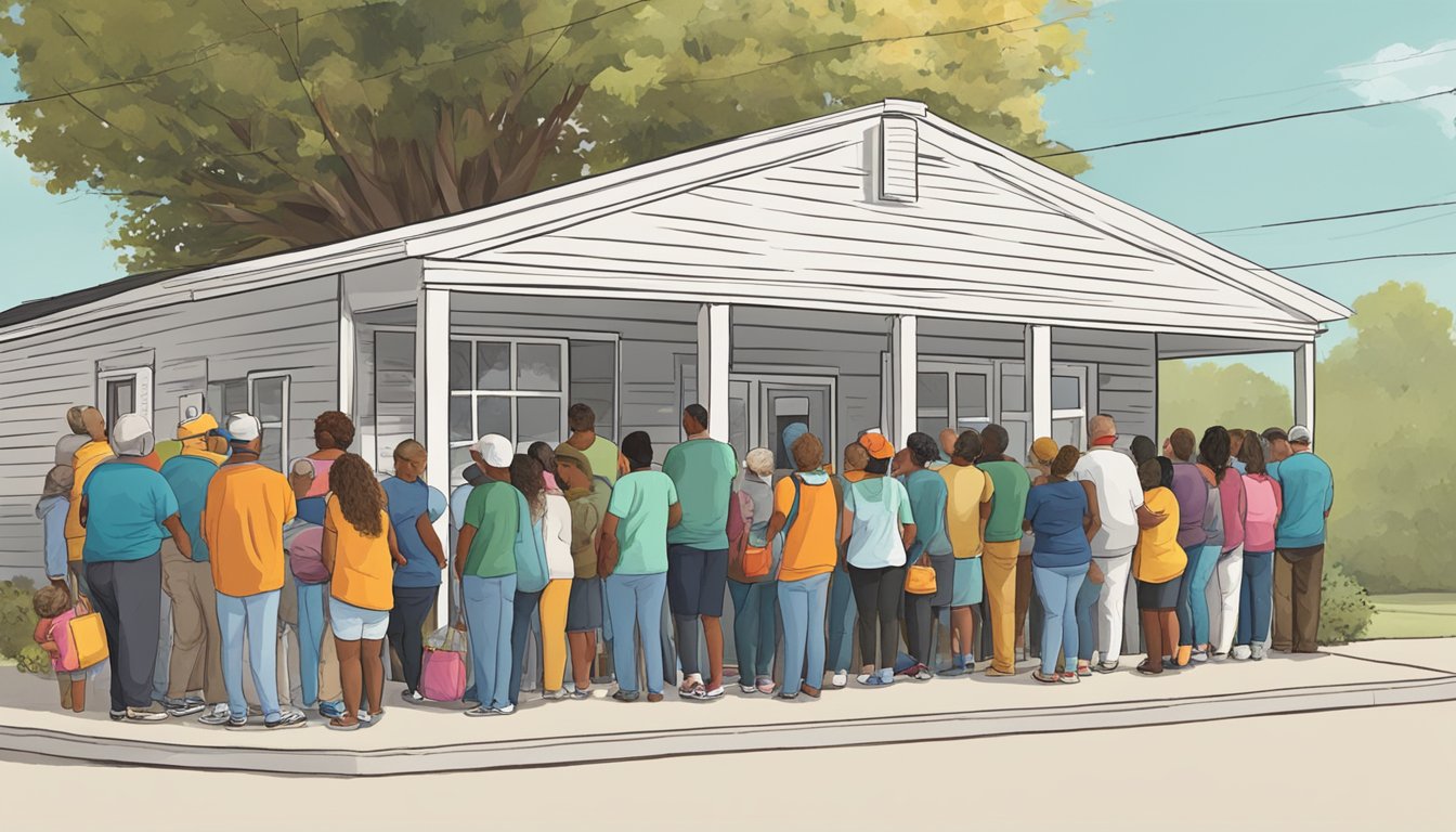 A line of people wait outside a food pantry in Newton County, Texas, as volunteers distribute free groceries to those in need