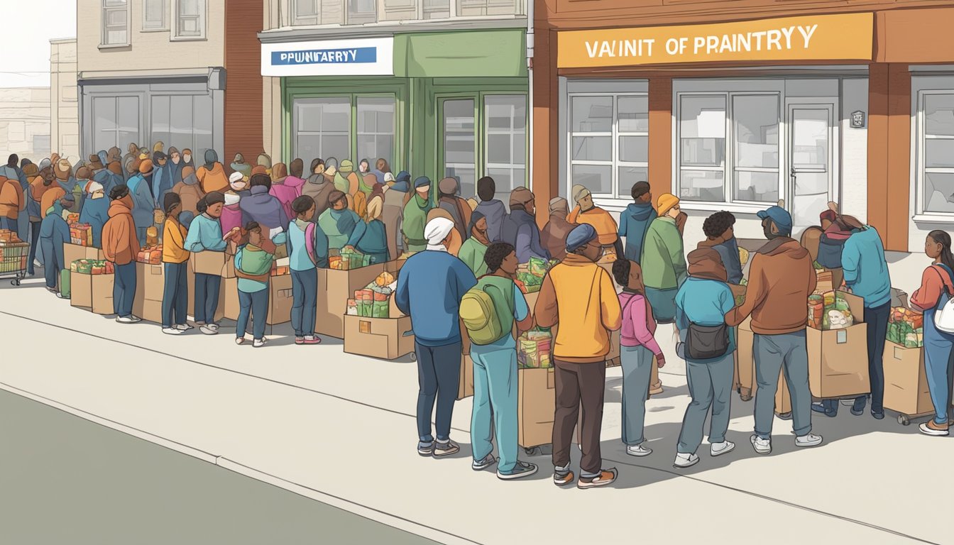 A line of people wait outside a food pantry, surrounded by boxes of groceries and volunteers handing out supplies