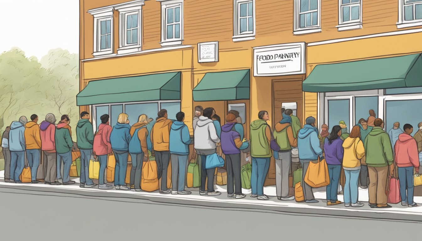 A line of people waits outside a food pantry, while volunteers distribute bags of groceries to those in need