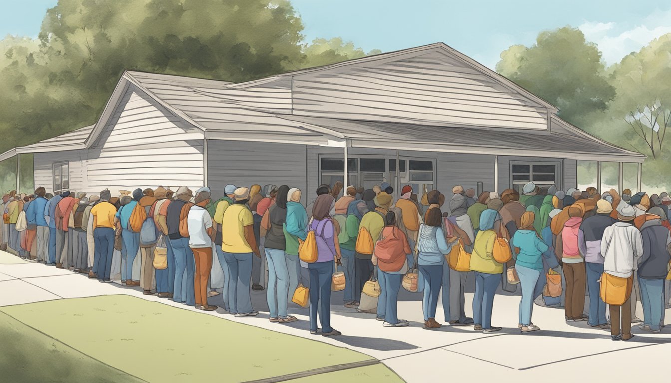 A line of people waiting outside a food pantry in Newton County, Texas. Volunteers handing out bags of groceries to those in need