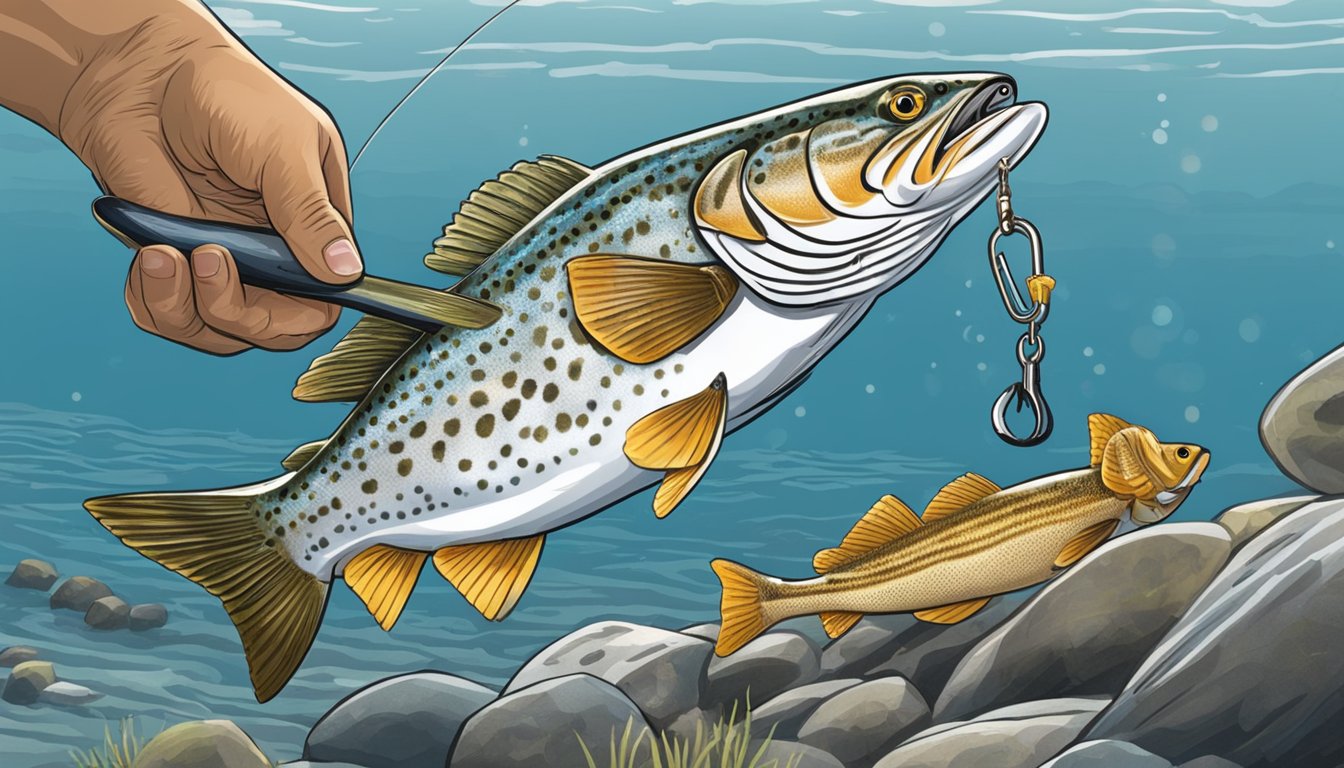 A spotted seatrout being caught and held up by the tail, with a person preparing to remove the hook