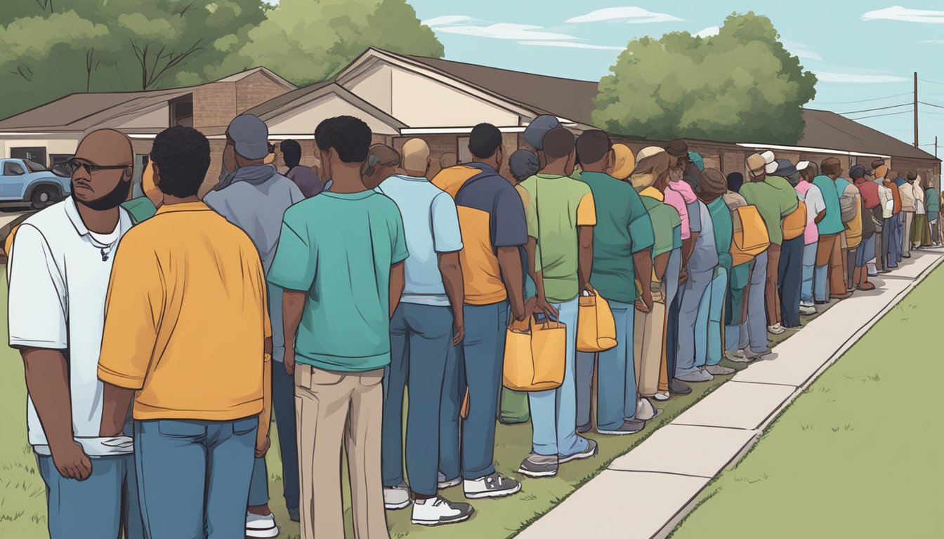 A line of people waits outside a food pantry in Limestone County, Texas. Volunteers hand out free groceries to those in need