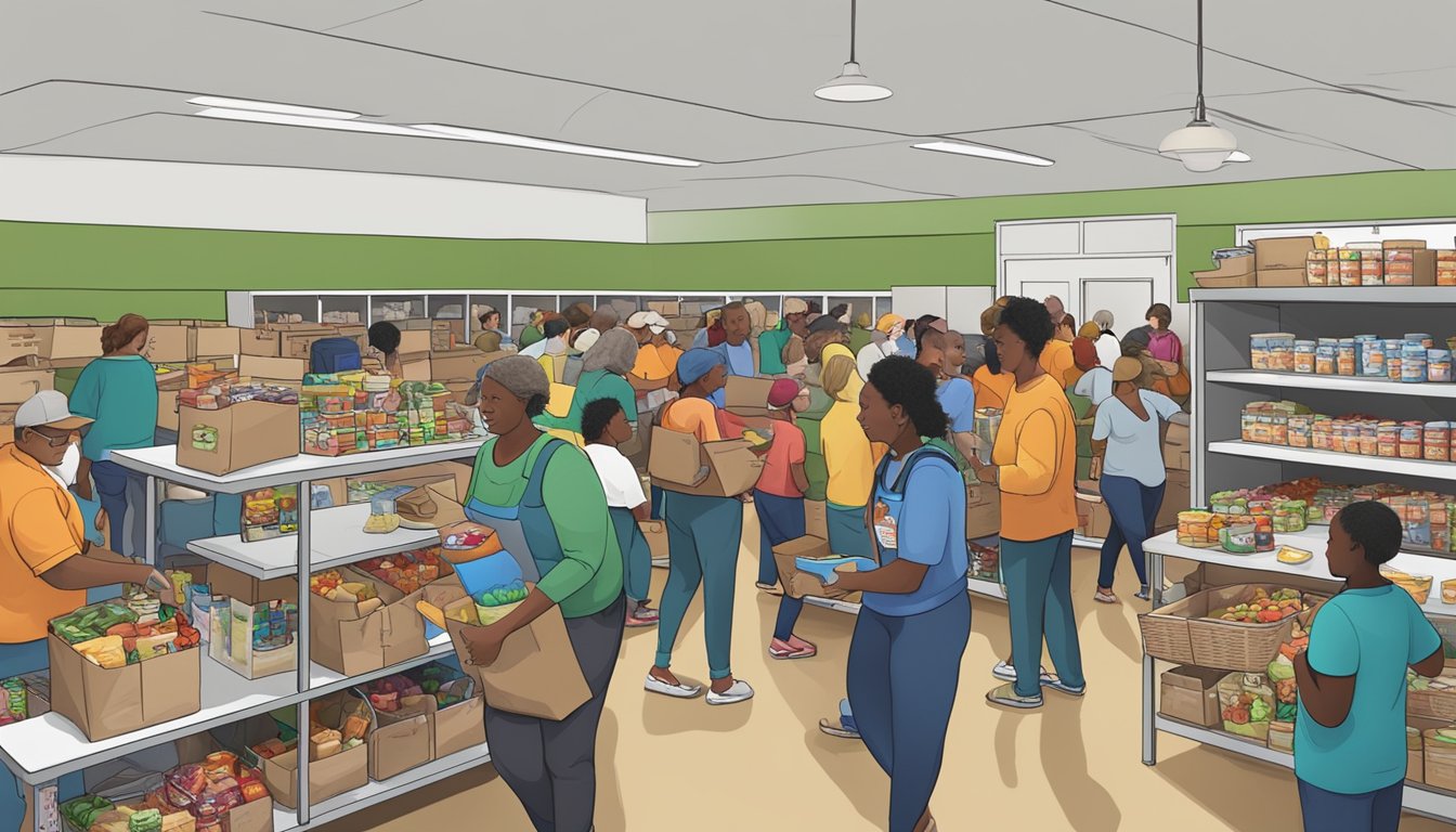 A bustling food pantry in Newton County, Texas, with volunteers distributing free groceries to those in need