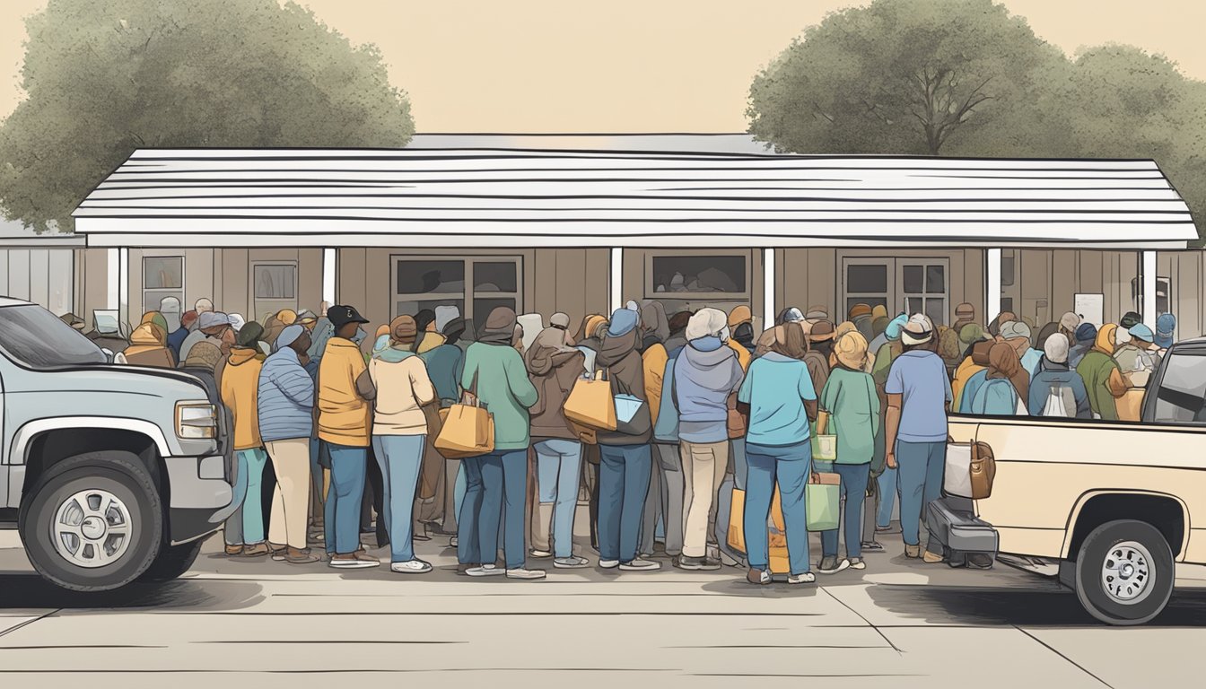 A line of people waiting outside a food pantry in Limestone County, Texas, with volunteers distributing free groceries to those in need