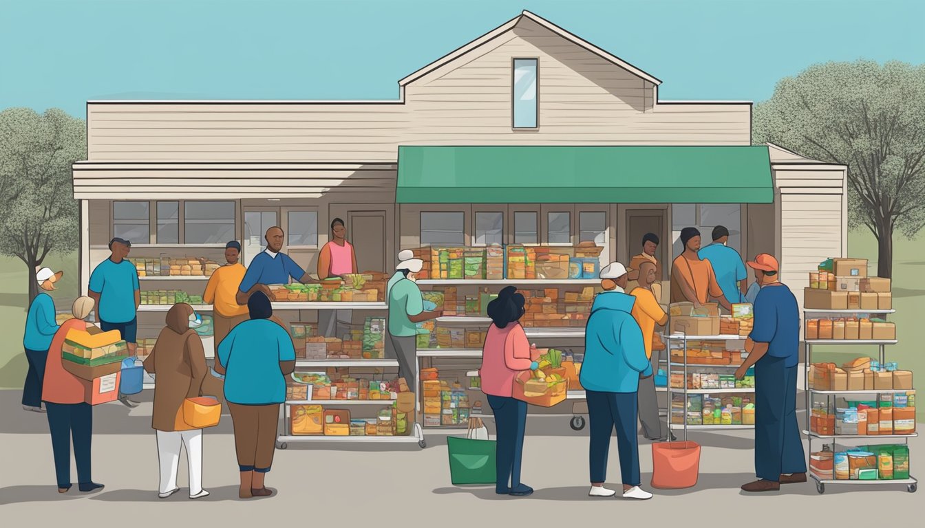 A bustling food pantry in Limestone County, Texas, with volunteers distributing free groceries to those in need