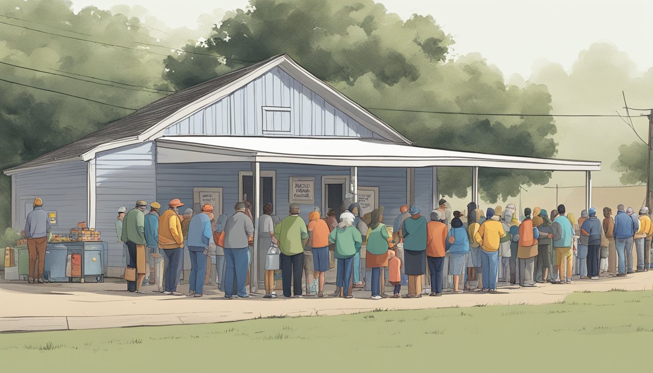 A line of people waits outside a small food pantry in Ochiltree County, Texas. Volunteers hand out free groceries to those in need