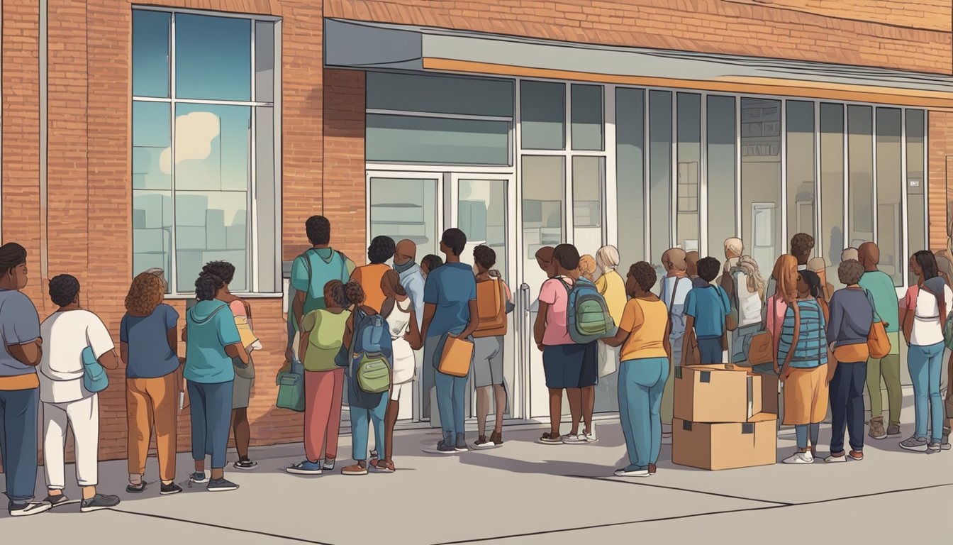 A line of people waits outside a food pantry, with volunteers handing out groceries and supplies. The sun shines on a sign that reads "Eligibility and Access to Food Assistance."