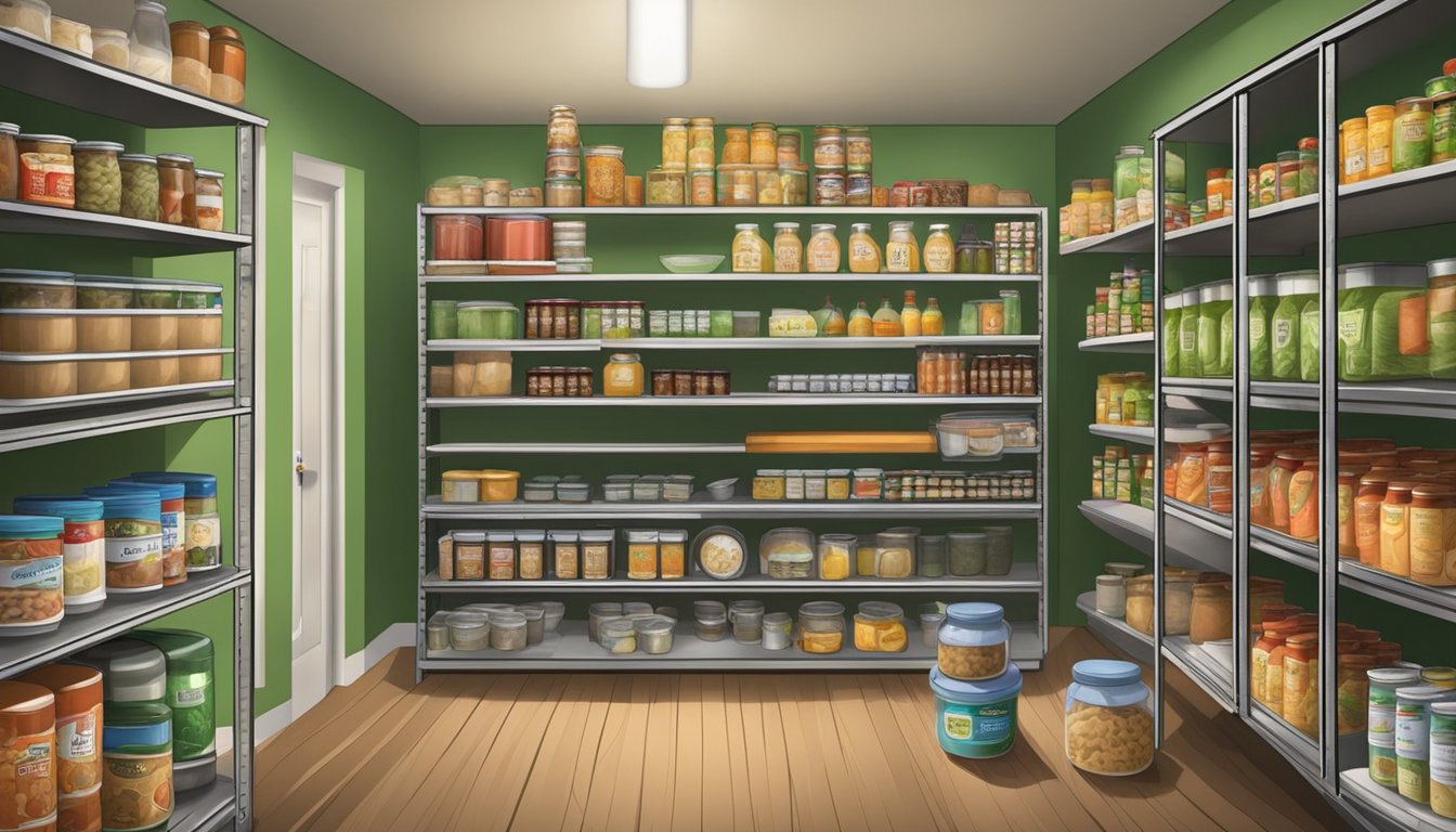 A small rural food pantry in Ochiltree County, Texas, with shelves stocked with canned goods, boxed food, and fresh produce